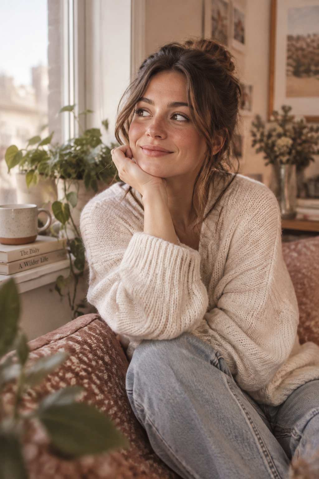 Mila Rose sitting by a sunlit window in a cream sweater